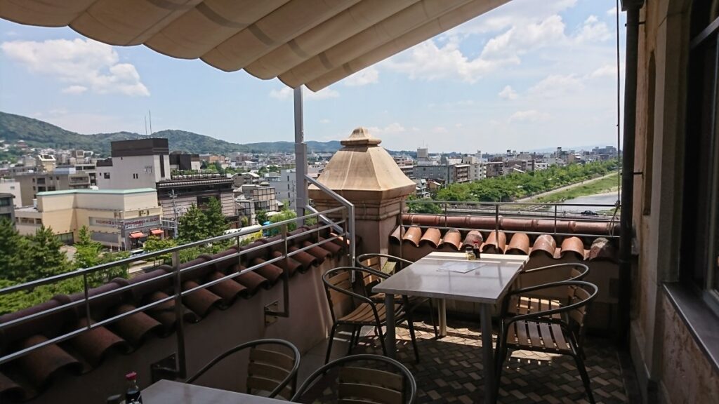 Terrace seating overlooking the Kamo River