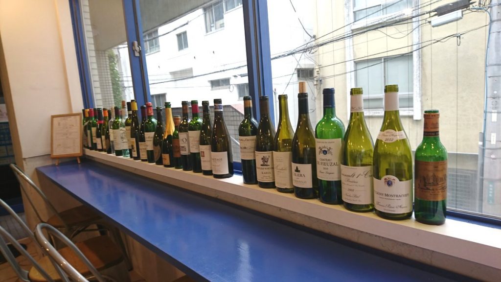 Wines lined up at the café