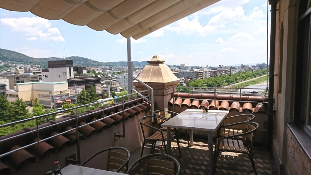 Terrace seating and the scenery of the Kamo River.
