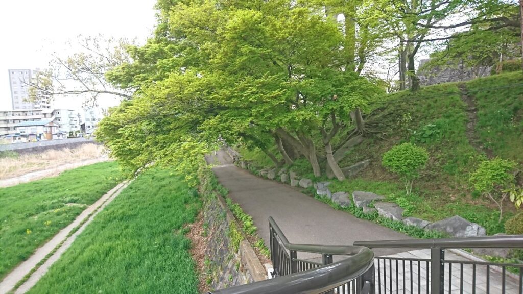 A river along the left, castle ruins on the right.