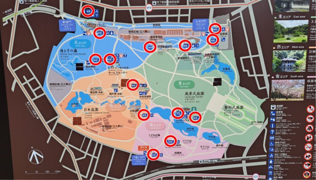 Locations of restrooms in Shinjuku Gyoen