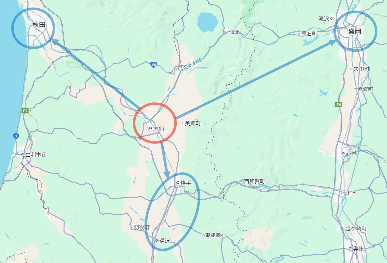 Geographical perspective on the locations of Akita City, Morioka City, Yokote City, and Yuzawa City relative to Omagari