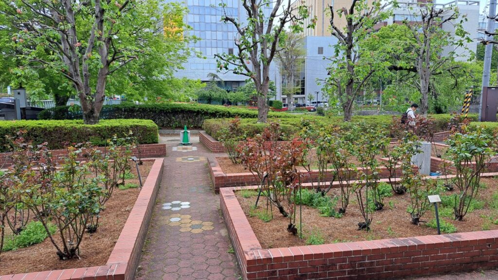 As you step out of the Red Brick Building, you are greeted by a small flowerbed that offers a soothing, pleasant atmosphere.