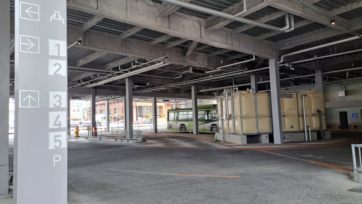 Departure and arrival bays within the bus center complex