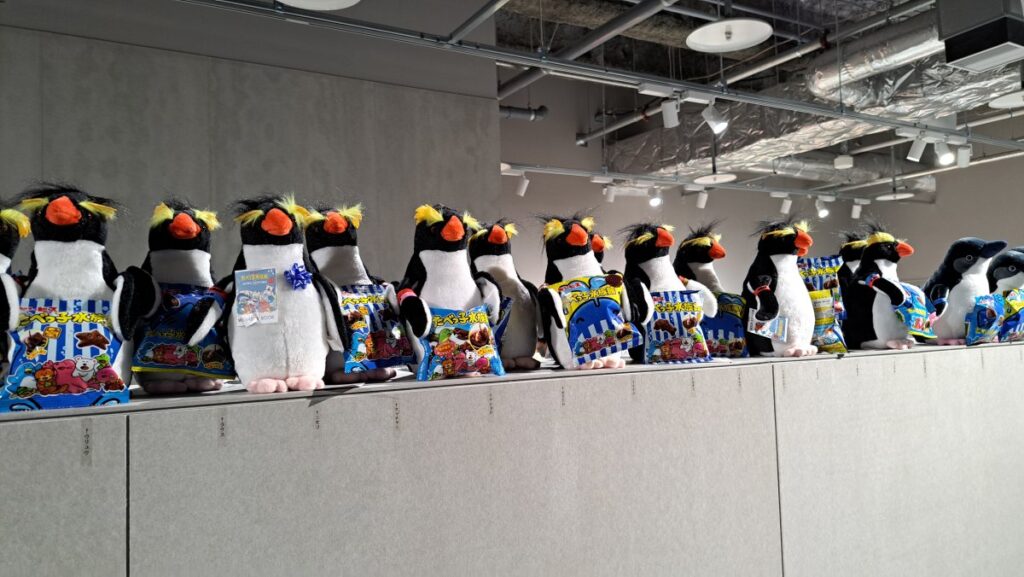 Here are some cool Rockhopper penguin plush toys available as souvenirs, all lined up together.