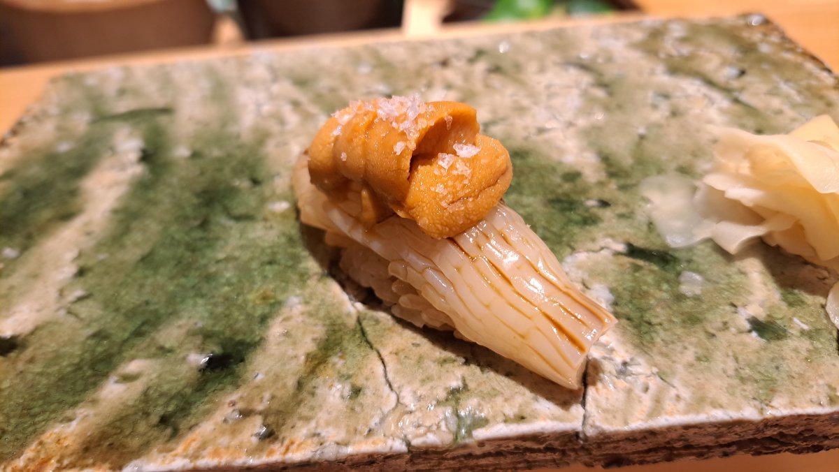Squid topped with sea urchin