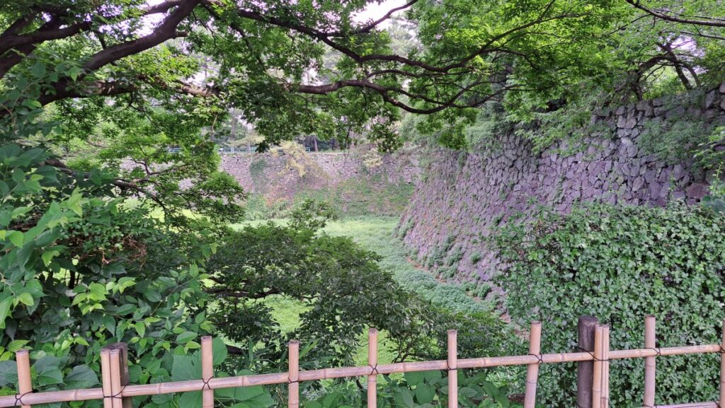 A dry moat, such as the one found around the Ninomaru area of Nagoya Castle.