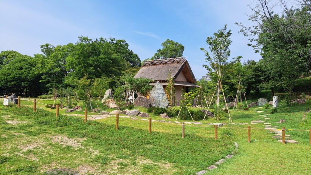 A gazebo featuring a thatched roof.
