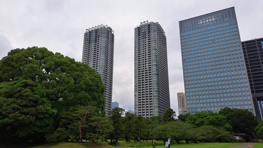 The cluster of Shiodome buildings, appearing exceptionally large.