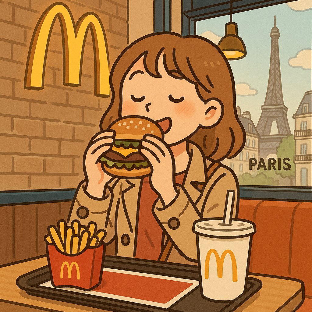 パリのマクドナルドでビッグマックを食べる女性
